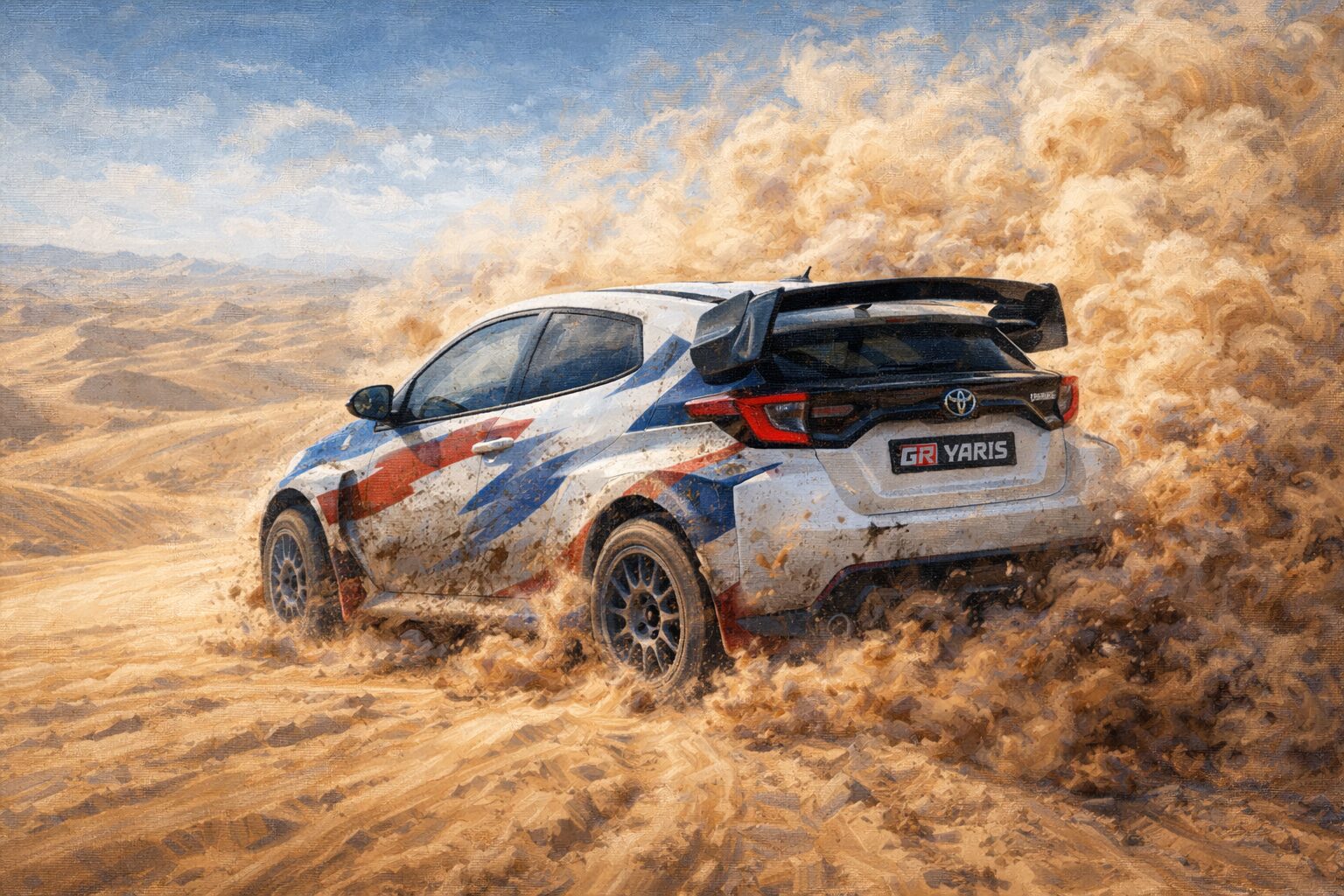 砂漠の砂丘を走るGRヤリスを後方斜めから描いた油絵調イラスト。四輪が砂を掻き上げ、大きな土煙を上げながら加速している。