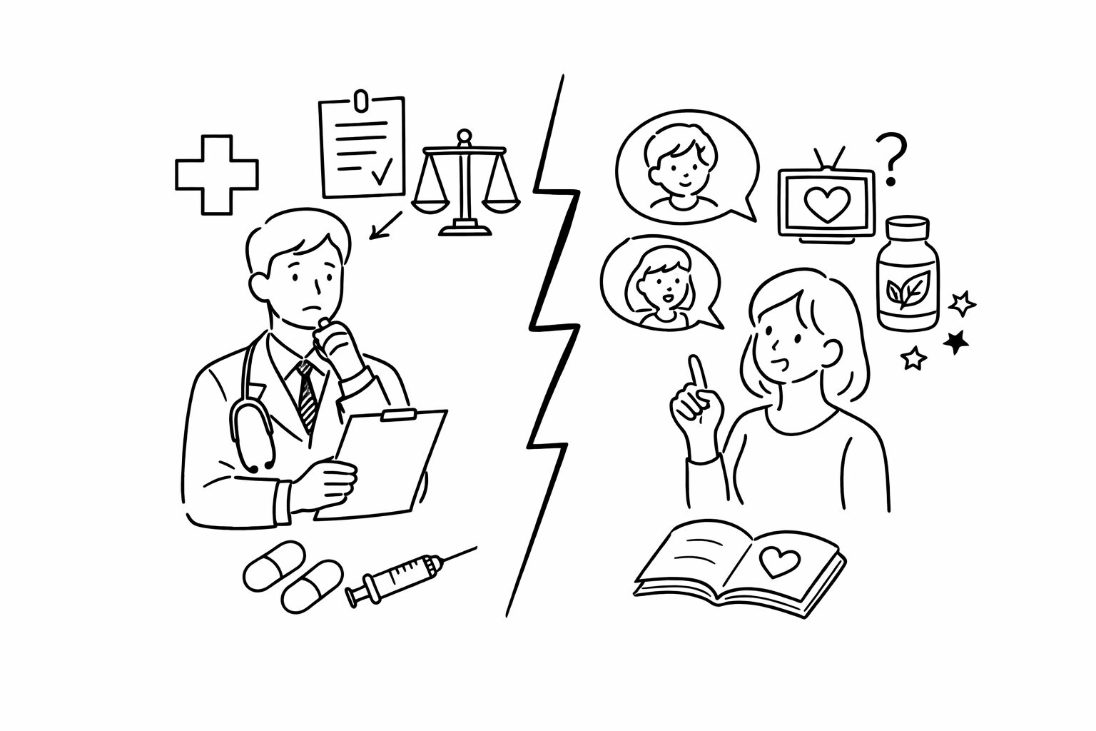 医療の判断基準と患者側の判断基準の違いを対比した線画イラスト