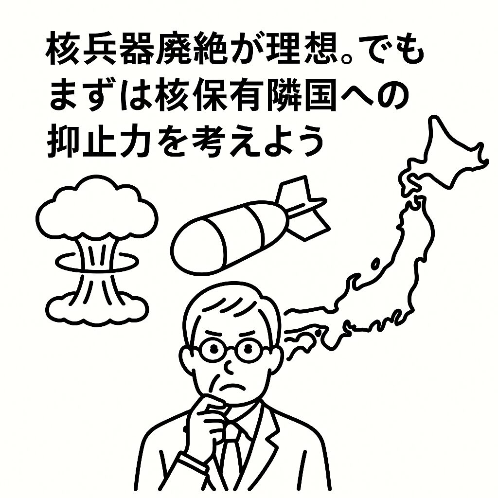 白地に黒線で描かれた握手の両側にミサイルとキノコ雲が配置され、上部にタイトル「核兵器廃絶が理想。でもまずは核保有隣国への抑止力を考えよう」が書かれている線画。