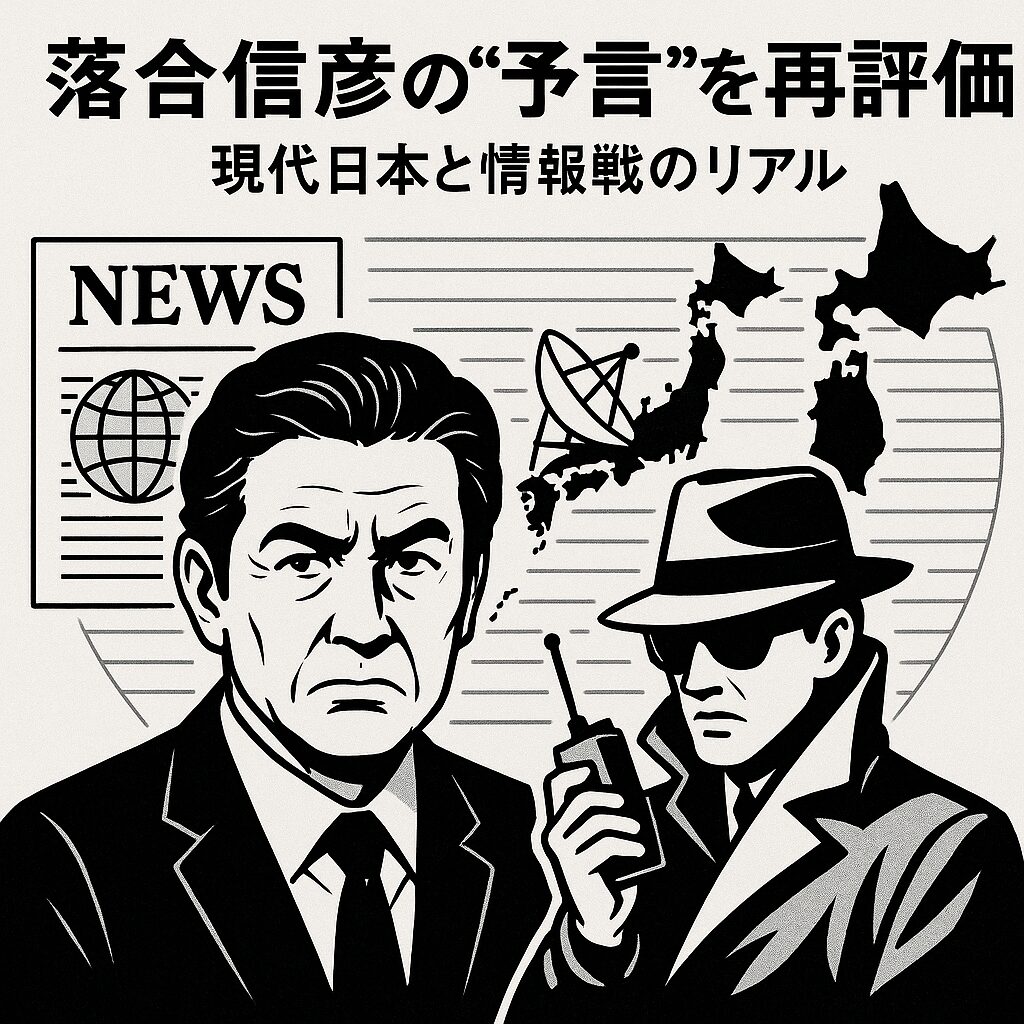 白地に黒い線で描かれた落合信彦風の人物とスパイのシルエット、日本地図と通信アンテナ、ニュース紙面が配置された線画に、タイトル「落合信彦の“予言”を再評価｜現代日本と情報戦のリアル」が載っている。