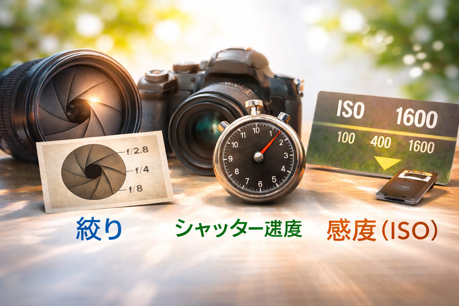 一眼カメラ本体とレンズ、絞り開口を示す図、シャッター時間を象徴するストップウォッチ、ISO感度を示すカードを並べた写真。写真撮影の基本用語である絞り、シャッター速度、感度の概念を視覚的に表している。