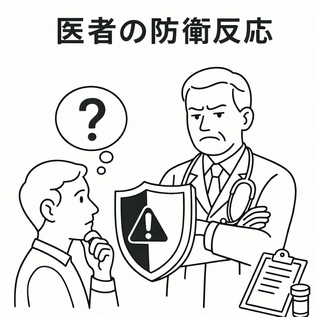 防衛反応によって距離を取る医師と、疑問を抱く患者の関係を示した線画イラスト