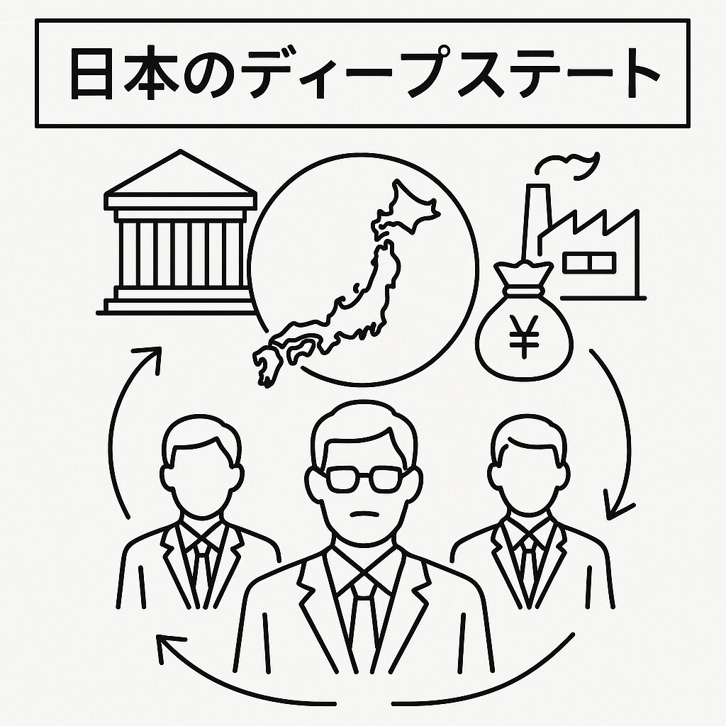 白地に黒い線で描かれた国会議事堂、札束、裁判用ハンマー、スーツ姿の男性が配置された構図に、タイトル「日本のディープステート」が上部に記されたシンプルな線画。
