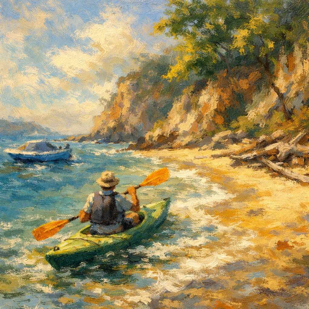 海から静かな浜辺へ向かってカヤックで進む人物を描いた印象派風の絵画