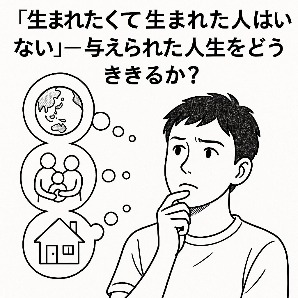 白地に黒い線で描かれた若い男性が思索する姿。頭上には地球、家族、家を象徴する三つの思考バブルが浮かび、タイトル「『生まれたくて生まれた人はいない』—与えられた人生をどう生きるか？」が配置されている。