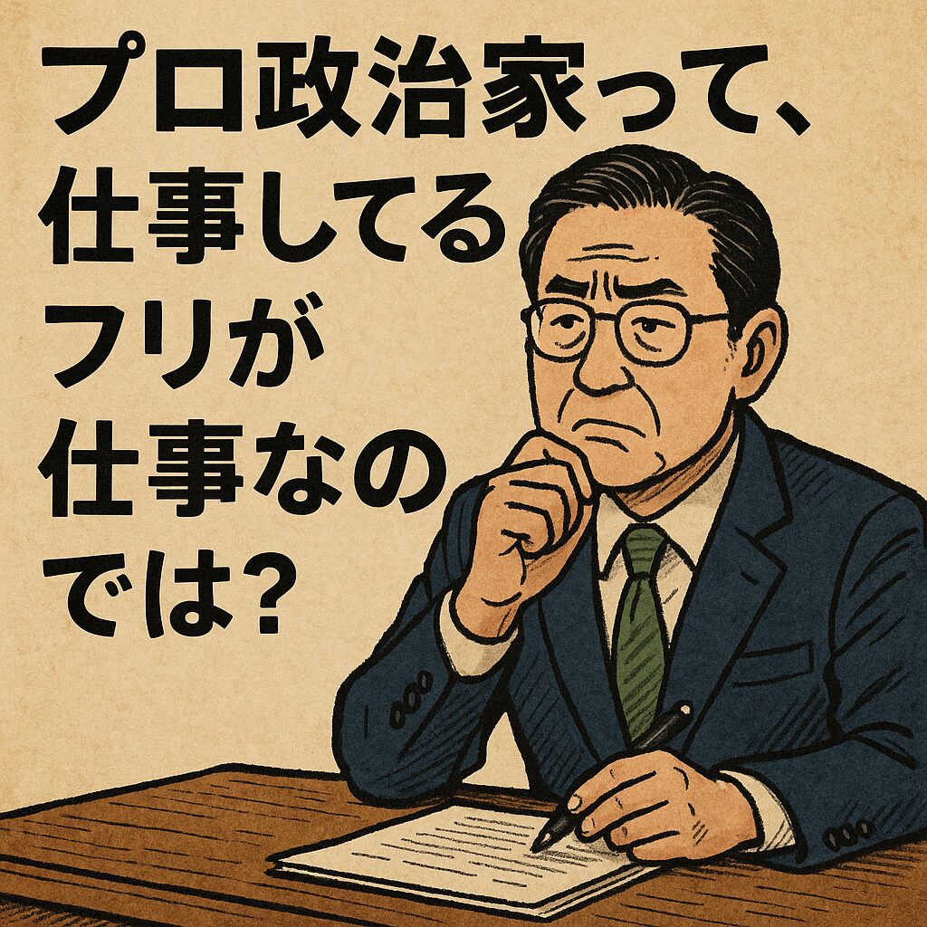 白地に黒い線で描かれたスーツ姿の政治家が机に向かい、書類を見つめて考え込む構図。上部にタイトル「プロ政治家って、仕事してるフリが仕事なのでは?」が配置されている。
