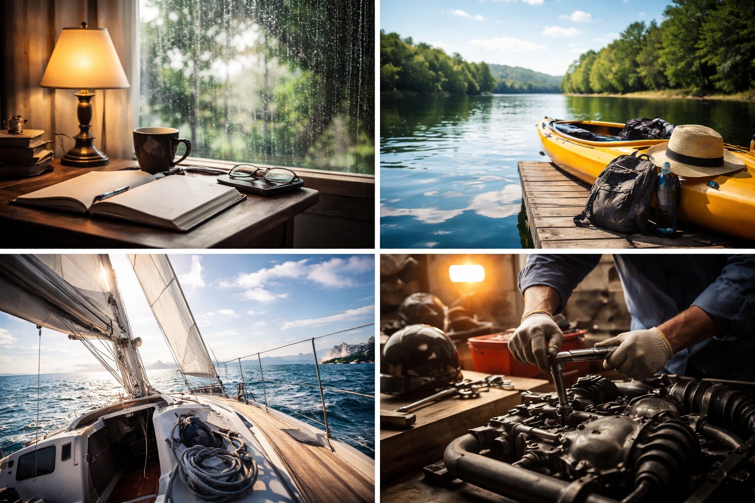 天気に応じて一人時間の過ごし方を切り替える様子を、室内・水辺・航海・整備の風景で表現した写真風イメージ