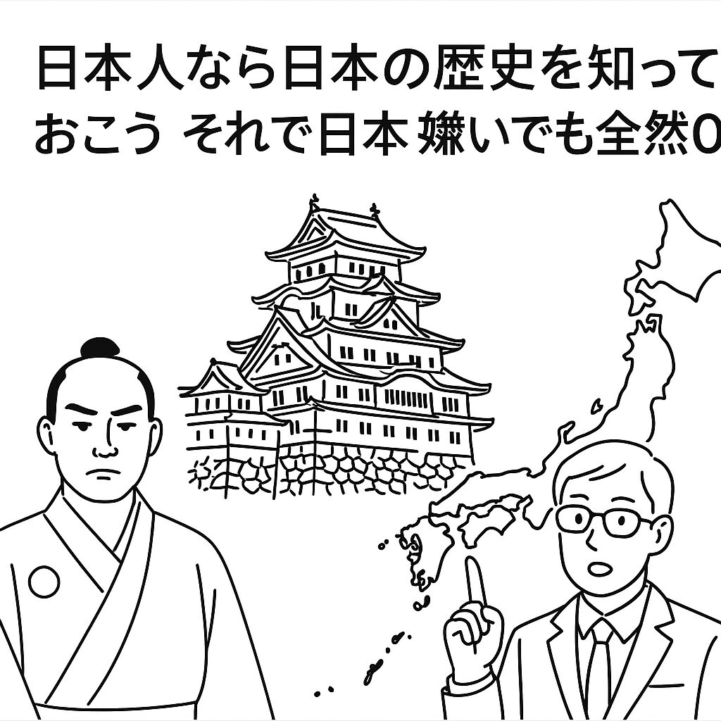 「富士山と日本国旗を背景に、眼鏡をかけた人物が日本の歴史を語る白黒線画。タイトル『日本人なら日本の歴史を知っておこう それで日本を嫌いでも全然OK』を含む。」