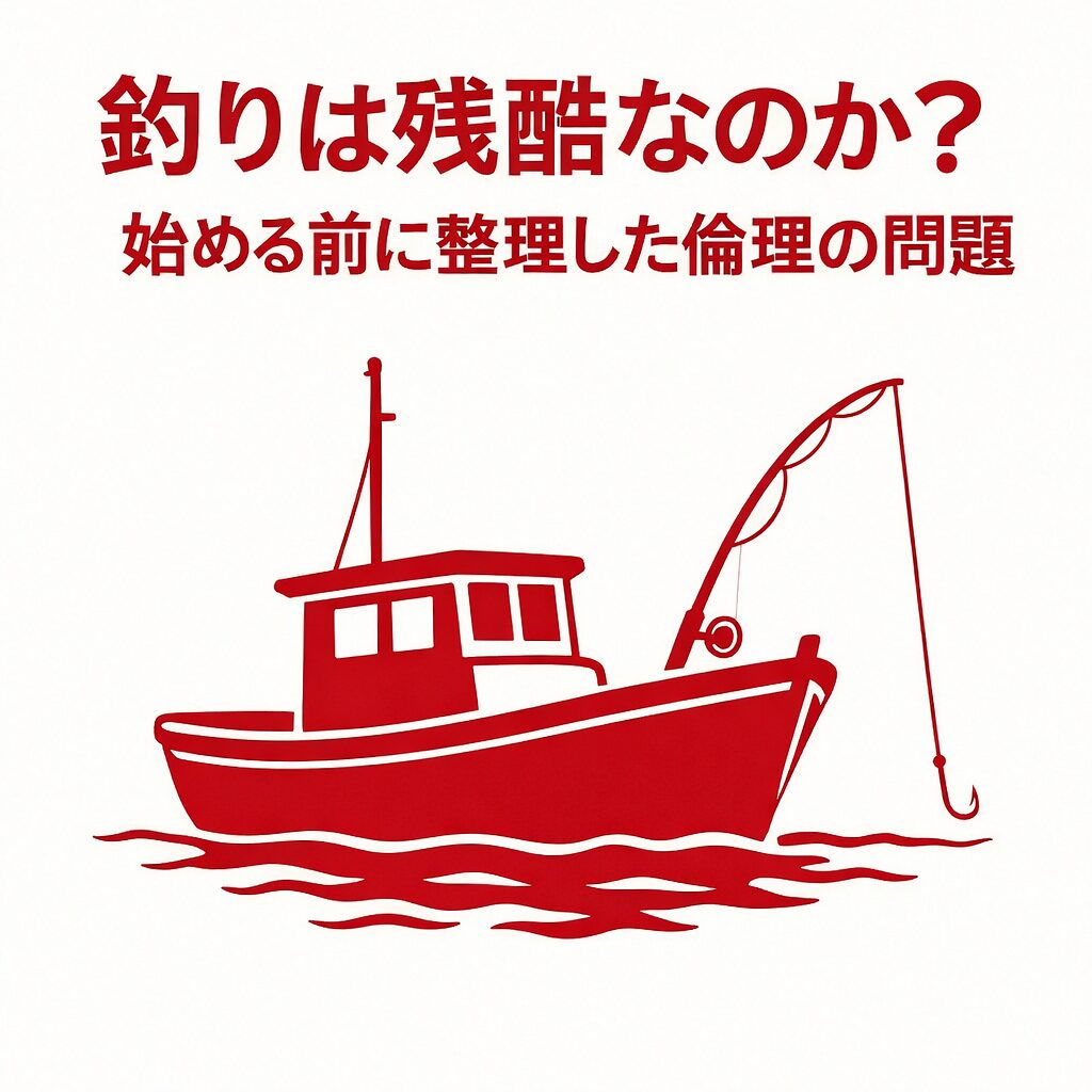 赤いボートと釣り竿のシルエットを白地に配置し、「釣りは残酷なのか？」というタイトルを重ねたアイキャッチ画像。