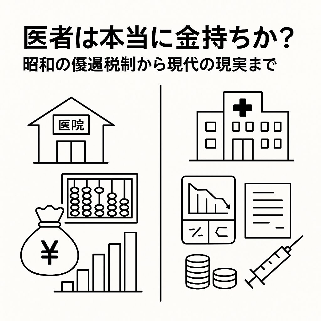 昭和の診療所と上昇グラフ、現代の病院と減少グラフを左右で対比し、医師の収入構造の変化を示す白黒線画のアイキャッチ
