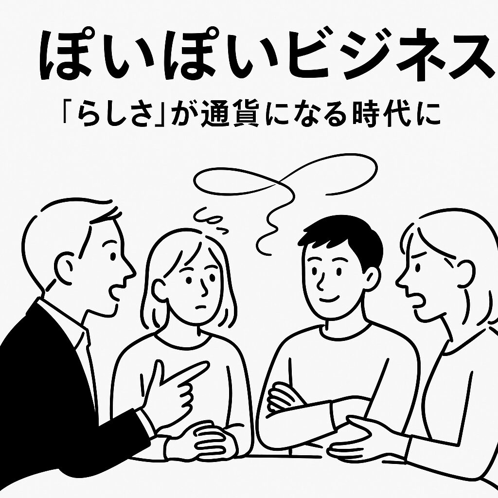 白地に黒の線で描かれた人物たちが議論しているイラスト。上部にタイトル「ぽいぽいビジネス ――“らしさ”が通貨になる時代に」が記され、現代の“らしさ”の会話を象徴している。