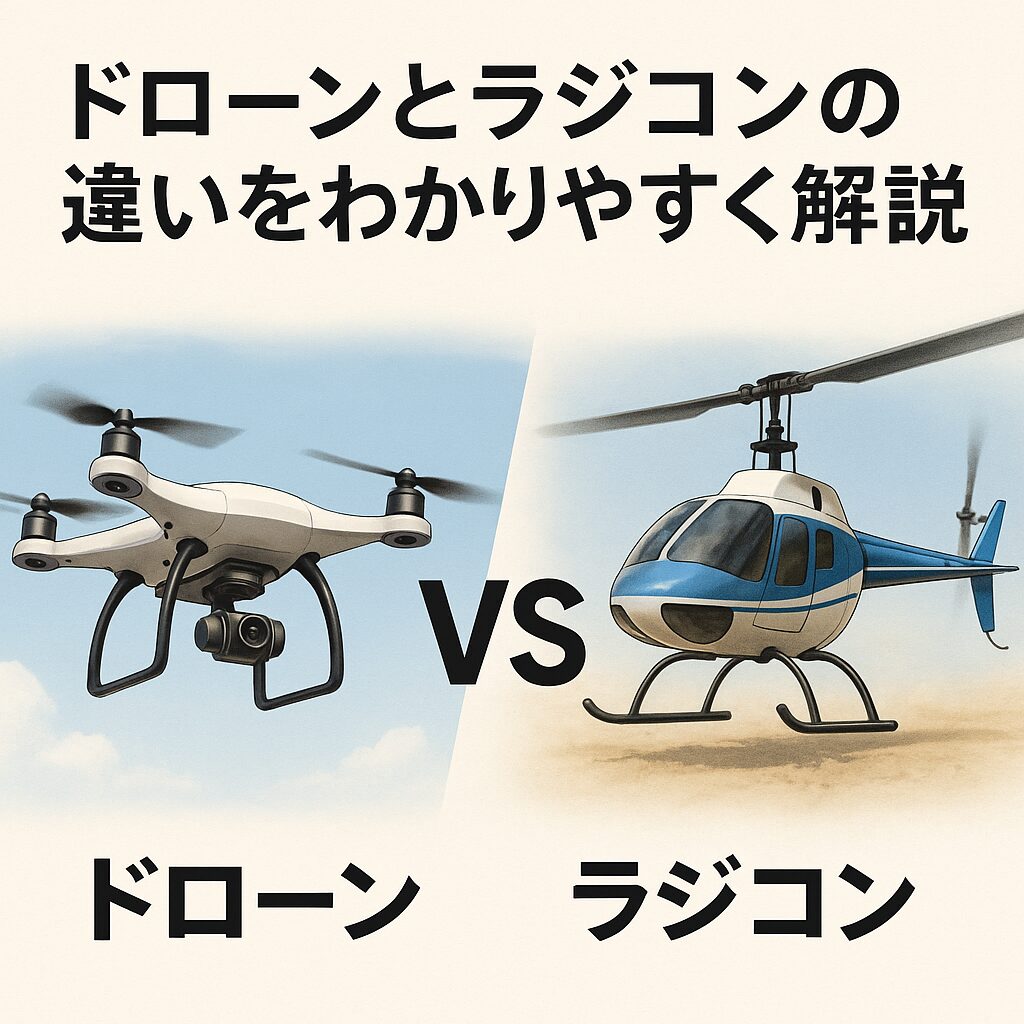 空を背景に、左側に回転翼ドローン、右側にRCヘリコプターが向かい合う構図。中央に「VS」とタイトル文字が入り、両者の違いを写真風に示した比較画像。