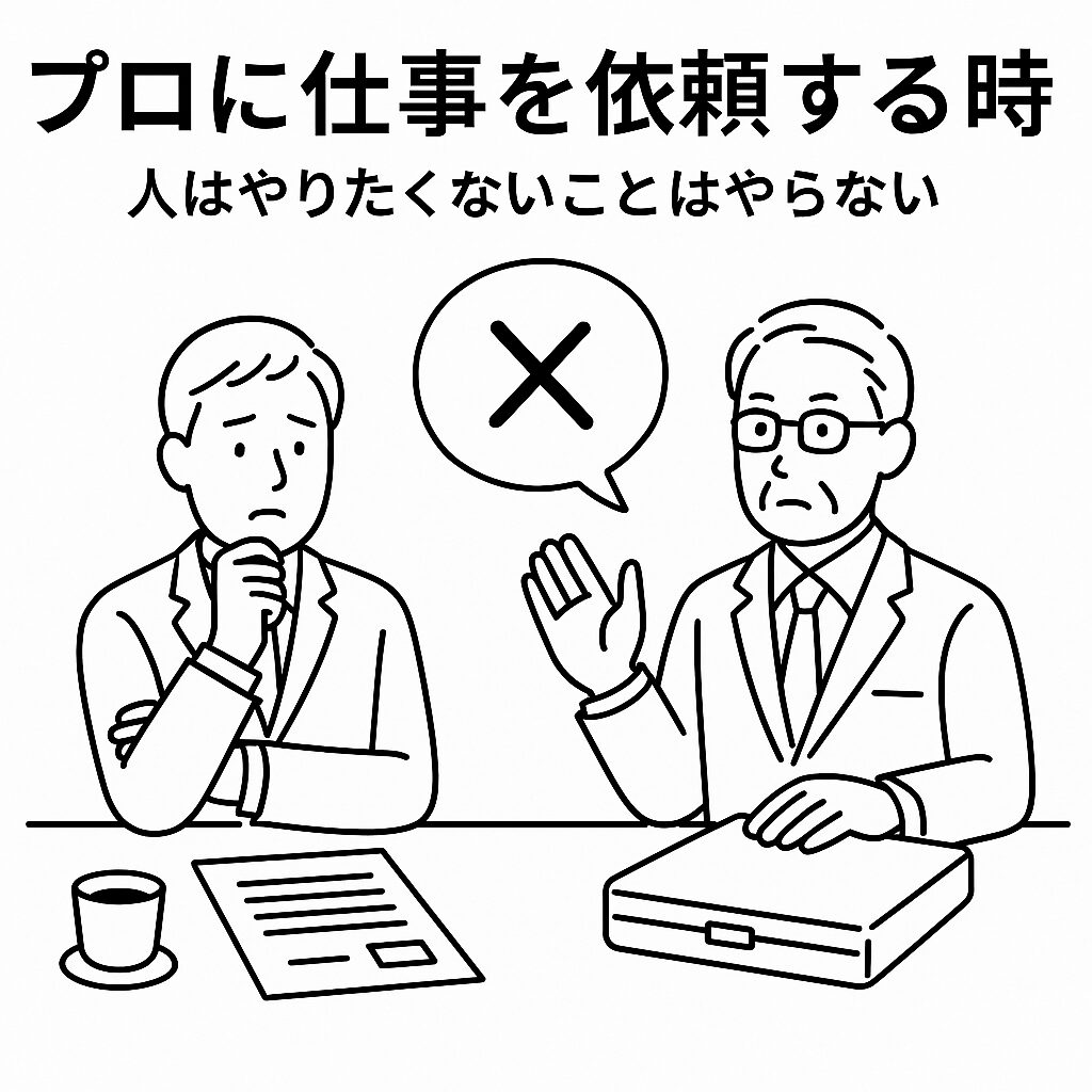 若い依頼者と年上のプロフェッショナルが向かい合うビジネスシーンを、白地に黒い線で表現。依頼と慎重な対応の構造を象徴的に描く。