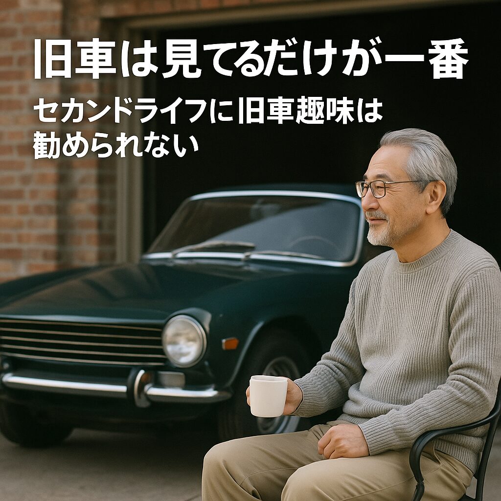 ガレージ前に停まるクラシックカーを穏やかに眺めるシニア男性。手にコーヒーカップを持ち、旧車趣味を静かに見つめ直す姿を表現。