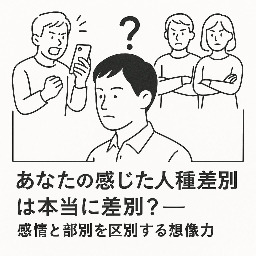 白地に黒の線画で、数人の人物が感情的に議論する様子を描いたイラスト。タイトル「あなたの感じた人種差別は本当に差別？ ――感情と差別を区別する想像力」が上部に記されている。
