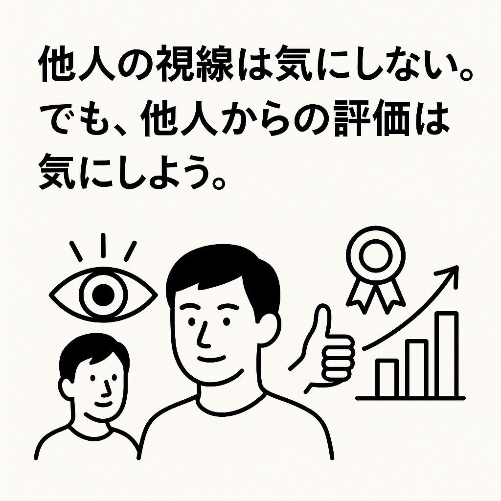 白地に黒線で描かれたイラスト。左に目と顔のシンボル、右に評価マークを持つ人物が配置され、「他人の視線は気にしない。でも、他人からの評価は気にしよう。」というタイトルが上部に表示されている。