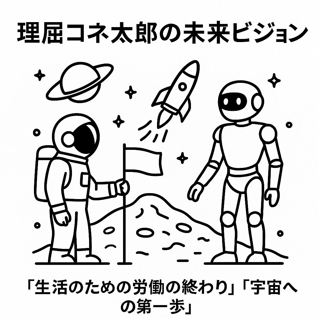 白地に黒い線で描いた、宇宙で向き合う人間とロボットの線画。理屈コネ太郎の未来ビジョンを象徴するイラスト。