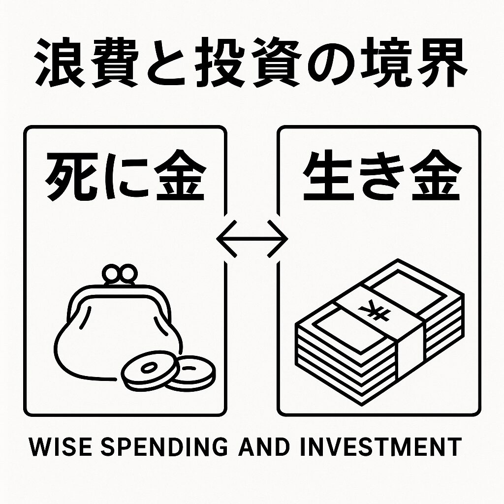 白地に黒線で描かれた「浪費と投資の境界──死に金と生き金」のアイキャッチ画像。左にがま口と硬貨の“死に金”、右に札束の“生き金”が描かれ、中央に双方向の矢印が配されている。