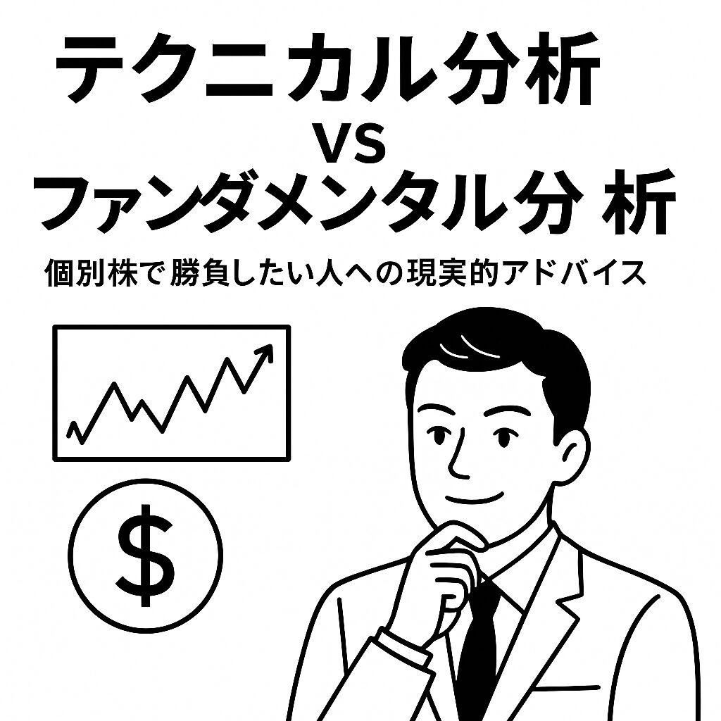 白地に黒線で描かれた「テクニカル分析 vs ファンダメンタル分析」のアイキャッチ画像。左に株価チャートと円グラフ、右に前向きな表情で指を立てる人物が描かれ、個別株の分析を象徴している。
