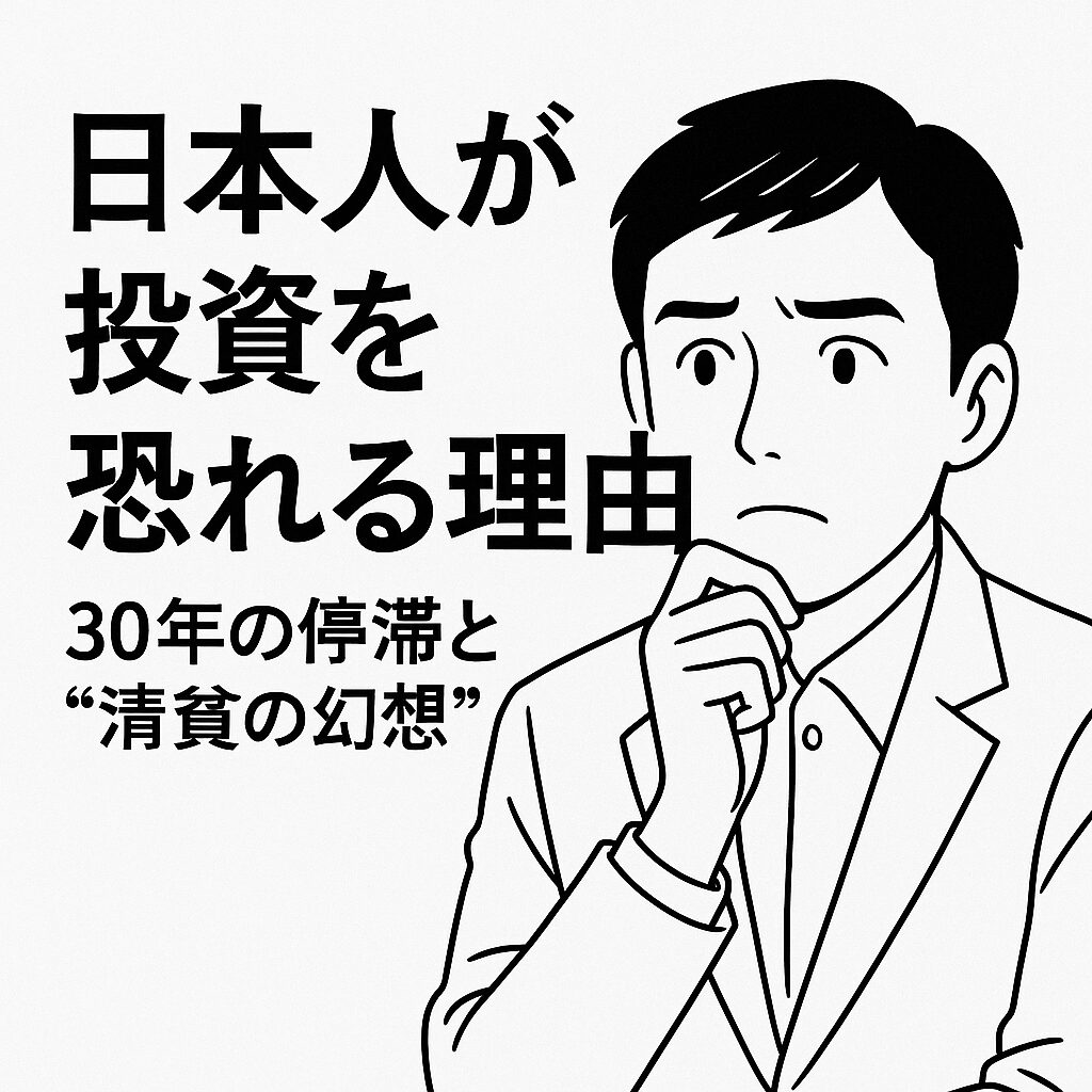 白地に黒線で描かれた「日本人が投資を恐れる理由」のアイキャッチ画像。左にタイトル文字、右に考え込む人物が描かれ、日本株停滞や清貧などの心理的背景を象徴する構成。