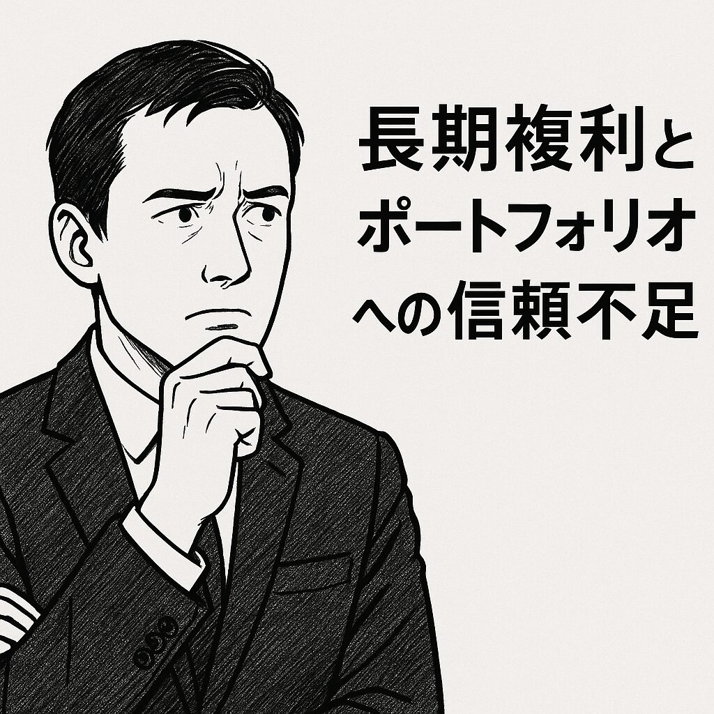 白地に黒線で描かれた「長期複利とポートフォリオへの信頼不足」のアイキャッチ画像。画面左側に人物が配置され、右方向を向きつつわずかに不信感を浮かべている。