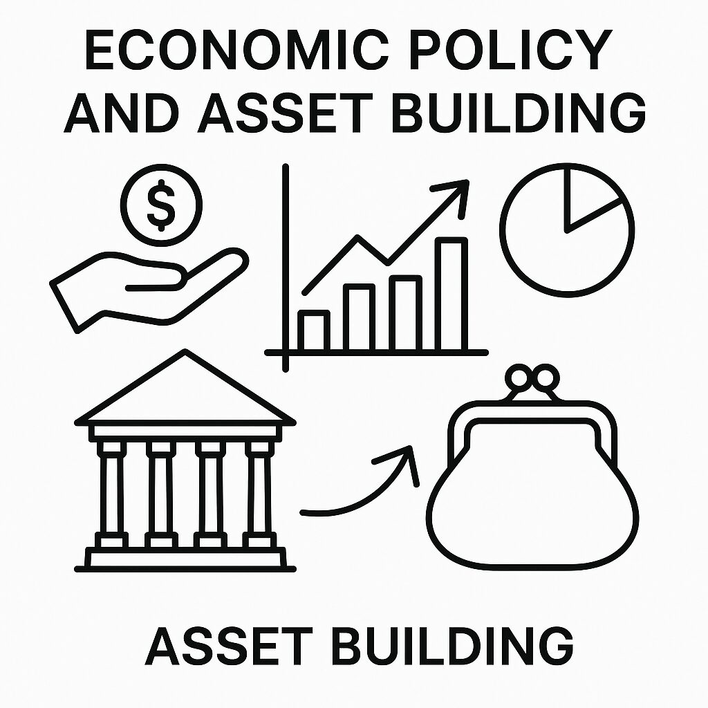 「経済政策と資産形成の関係を示す、白地に黒線で描かれた図解イラスト。政策（官庁の建物）、家計（財布）、資産増加（グラフ）などの象徴がシンプルに配置されている。」
