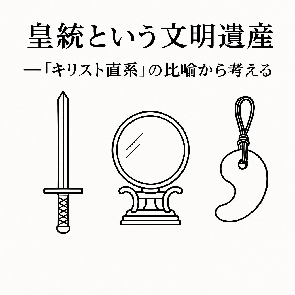 白地に黒線で描かれた三種の神器(剣・鏡・勾玉)と、記事タイトルを配置したアイキャッチ画像。