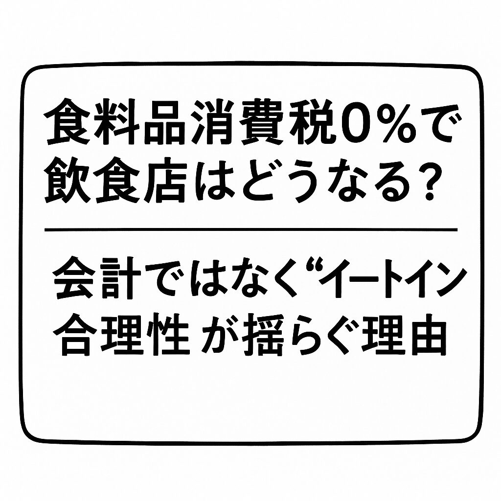 食料品消費税0％で飲食店はどうなる？というタイトルを、白地に黒線のシンプルな枠と文字だけで描いたミニマルなアイキャッチ画像。