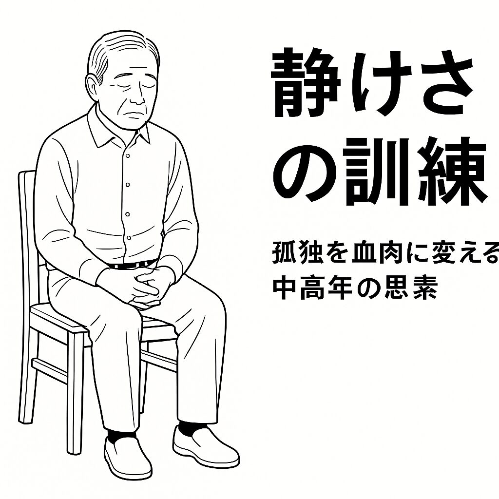 白地に黒の線で描かれた静寂な中高年男性。孤独を受け入れ、沈黙の中で思索する姿を表現。