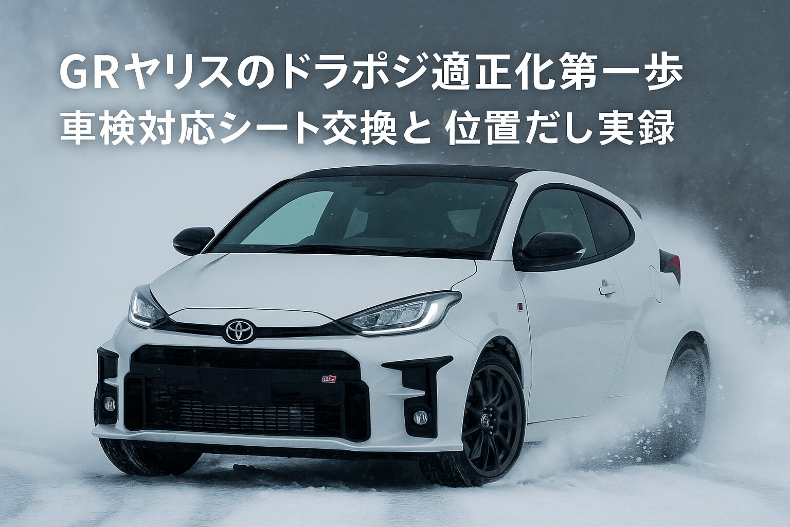前期型GRヤリスが雪道でドリフトしながら走行する写真風イメージ。車体は白、舞い上がる雪煙の中にタイトル文字入り。