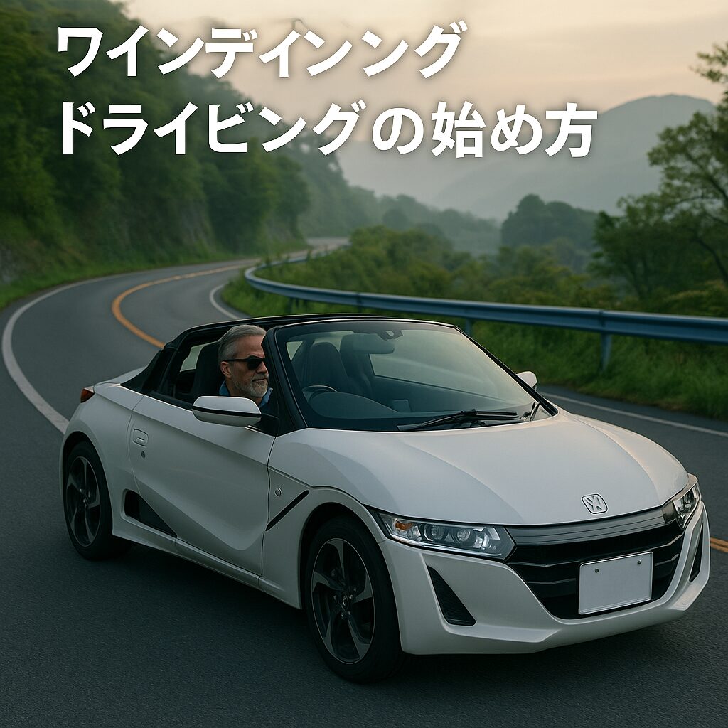 清潔感あるシニア男性がホンダS660を早朝の山道で走らせる写真。タイトル「初心者向け、ワインディングドライビングの始め方」入り。