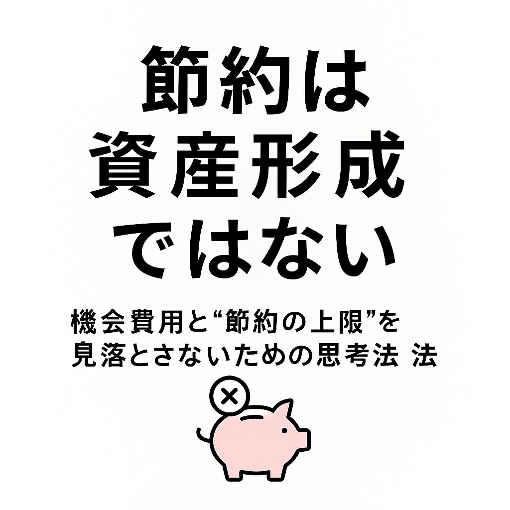 白地に黒線で描かれたアイキャッチ画像。左側に貯金箱の象徴、右側に積み上がったお金と矢印が描かれ、節約と資産形成の違いを示唆するミニマルデザイン。