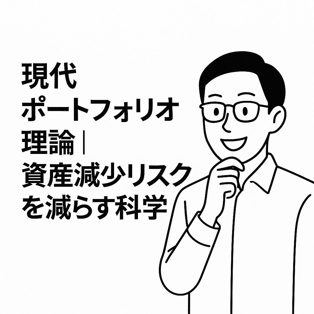 白地に黒線で描かれた「現代ポートフォリオ理論｜資産減少リスクを減らす科学」のアイキャッチ画像。左側にタイトル、右側に理解を示し頷く人物がミニマルな線画で描かれている。