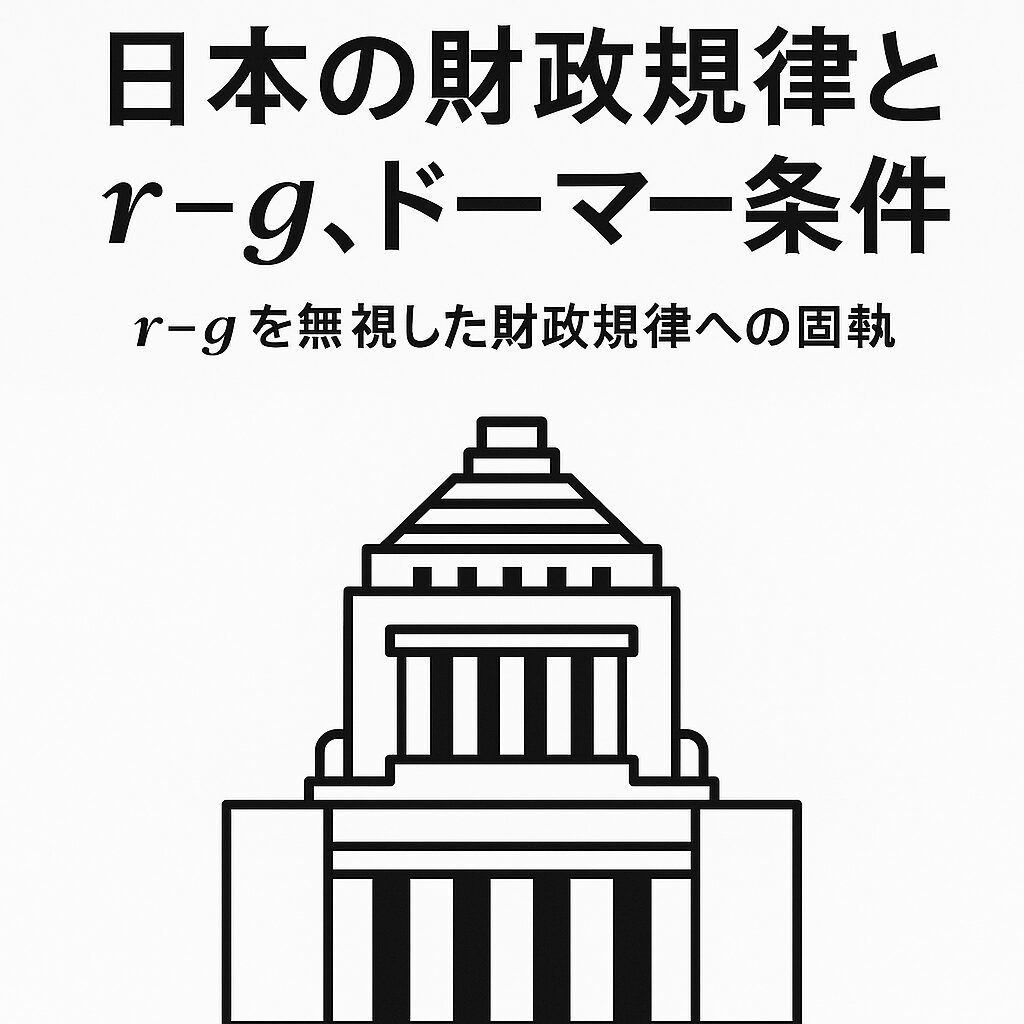 白地に黒い線で描かれた国会議事堂の線画。上部に「日本の財政規律とr−g、ドーマー条件｜r−gを無視した財政規律への固執」と書かれている。