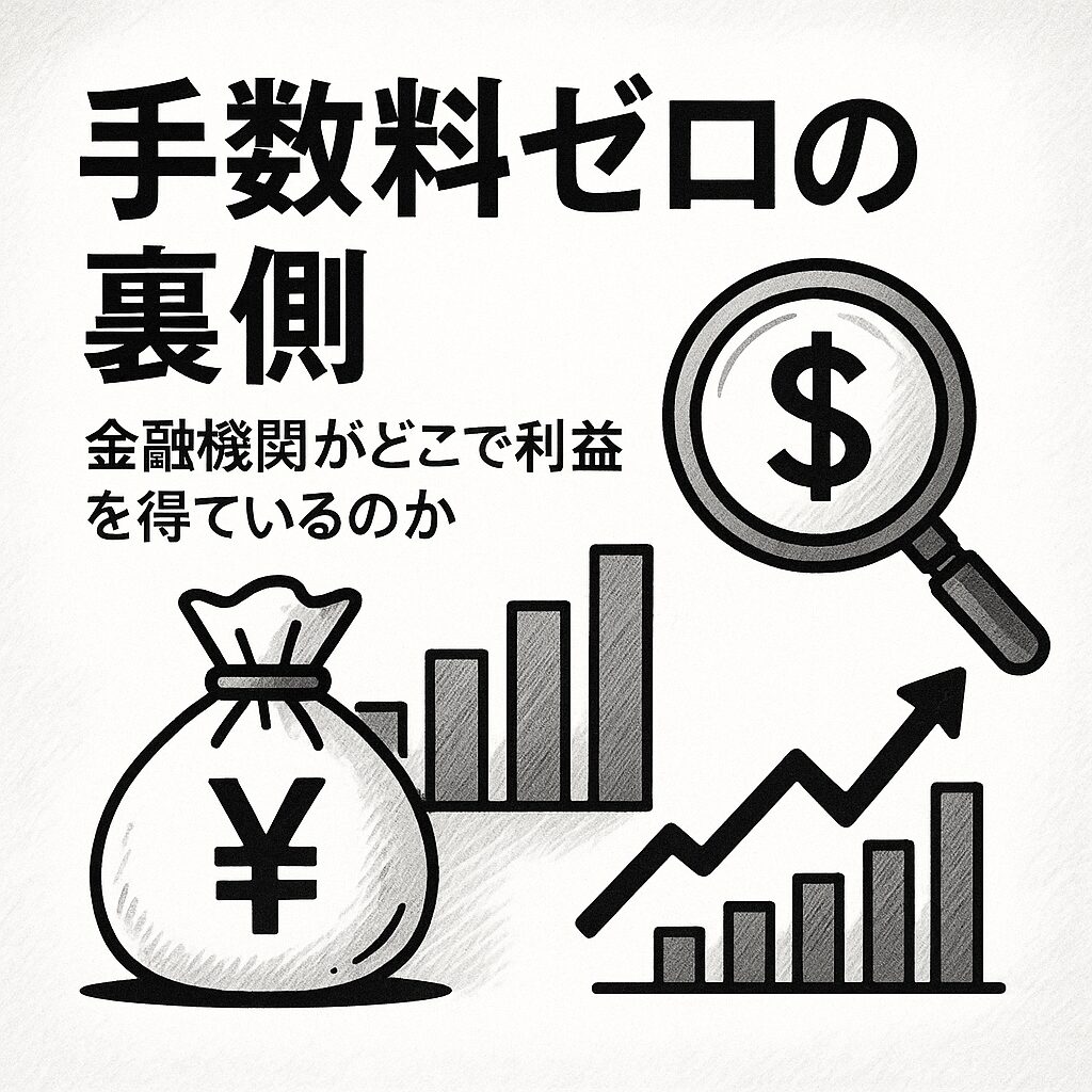 白地に黒線で描かれた「手数料ゼロの裏側──金融機関がどこで利益を得ているのか」のアイキャッチ画像。左側に円マーク入りの袋と「手数料ゼロ」の矢印、右側に利益を考える人物が描かれている。