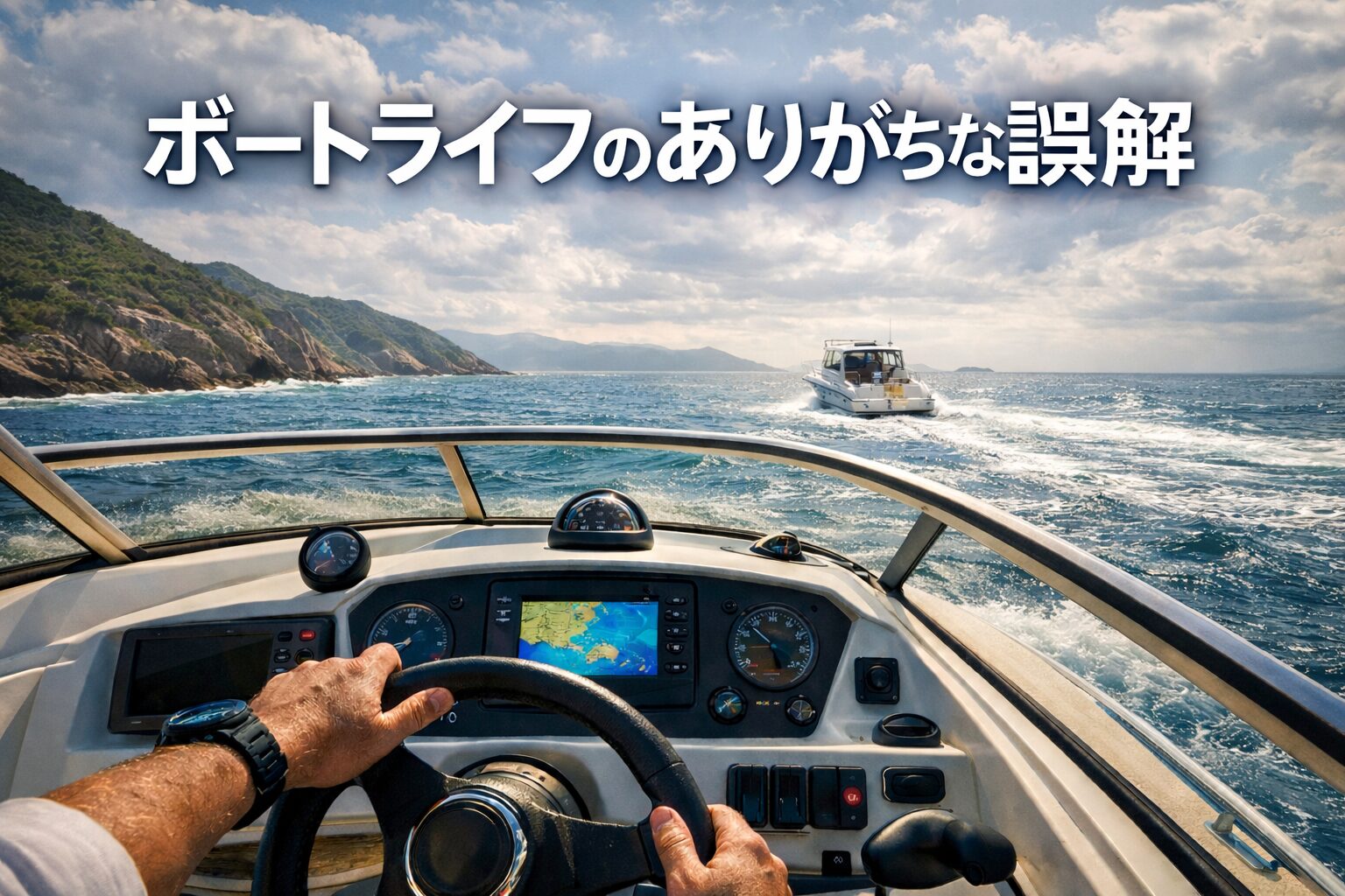 操船席から見た航海中の海と前方を進むボートの様子。ボートライフの実像を象徴する一人称視点の写真。