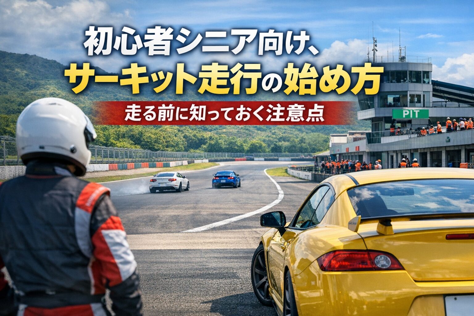 初心者シニア向けサーキット走行の始め方を解説する、ピットレーンと走行中のスポーツカーの写真