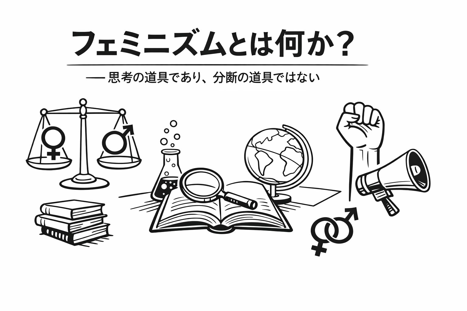 白地に黒線で描かれた学術的モチーフのイラスト。天秤、本、虫眼鏡、フラスコ、地球儀、ジェンダー記号、メガホンが配置され、「フェミニズムとは何か?――思考の道具であり、分断の道具ではない」というタイトルが描かれている。