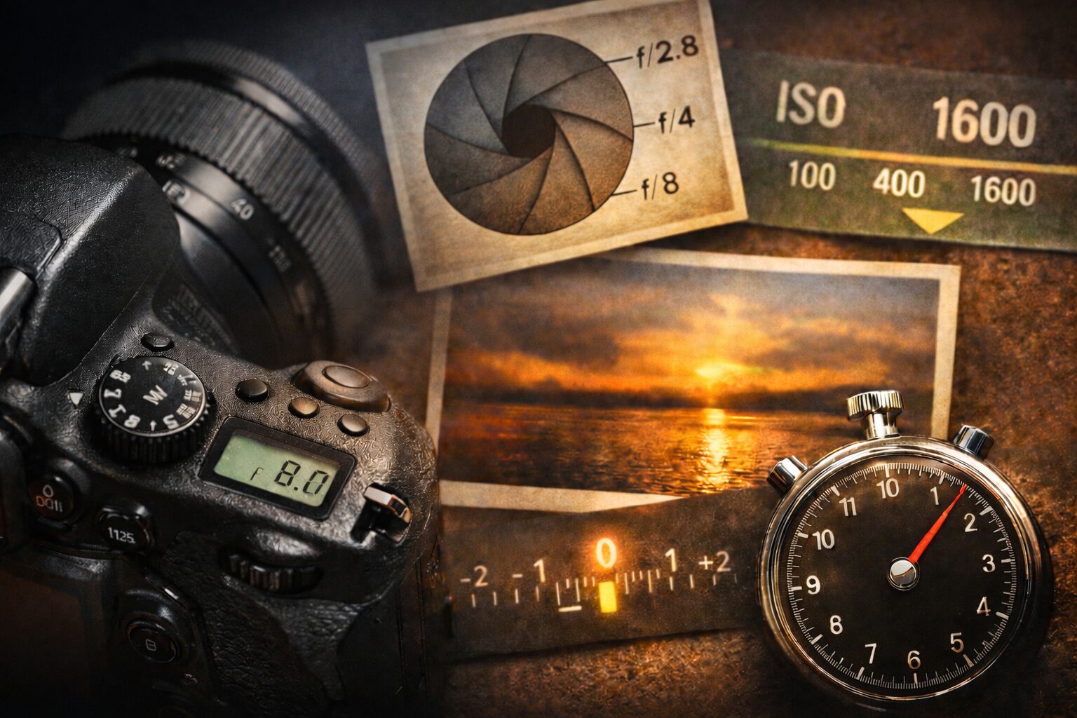 一眼カメラとレンズ、絞りの構造図、シャッターを象徴するストップウォッチを配置した写真。露光量が絞り値とシャッター時間の関係で決まることを視覚的に表現している。
