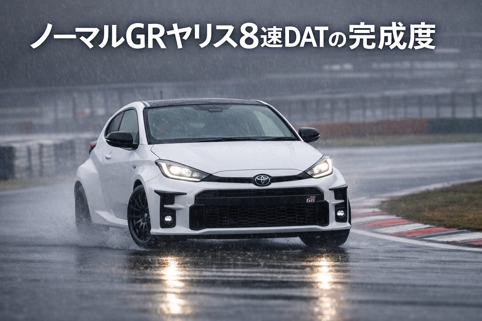 雨天のサーキットを走行するノーマルGRヤリス8速DAT後期型。連続30周のスポーツ走行に耐える完成度を象徴する走行シーン