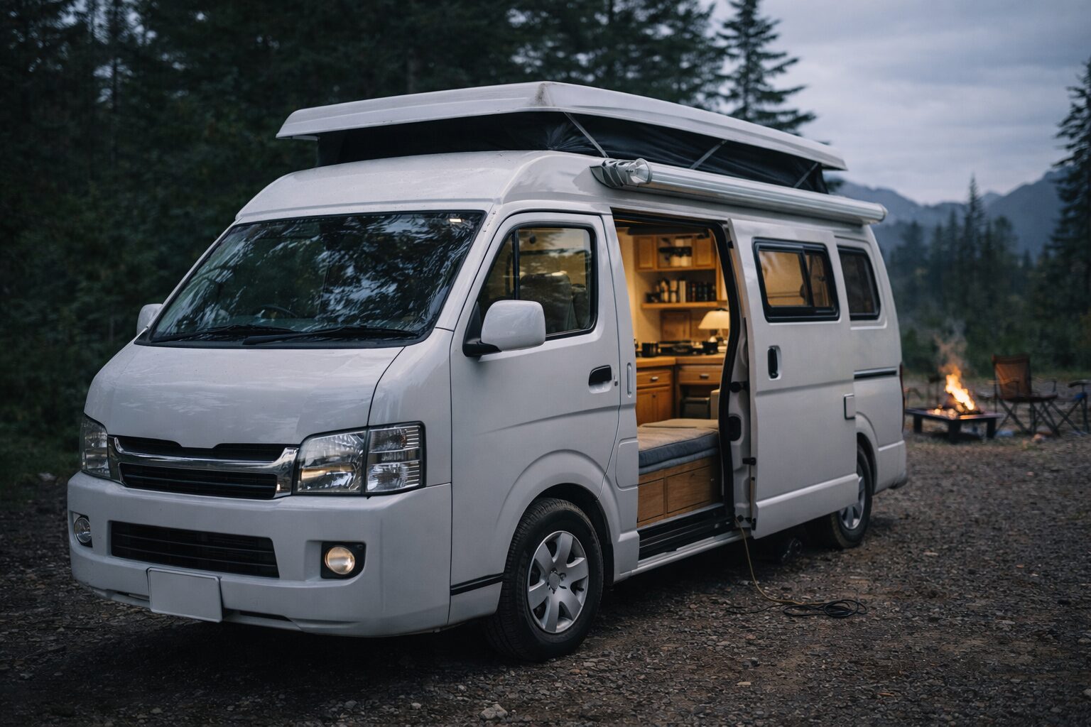 夕暮れの森のキャンプ場に停車する、日本製キャンピングカーの外観。室内灯が点き、簡素な装備と実用的な車体構成が分かる。