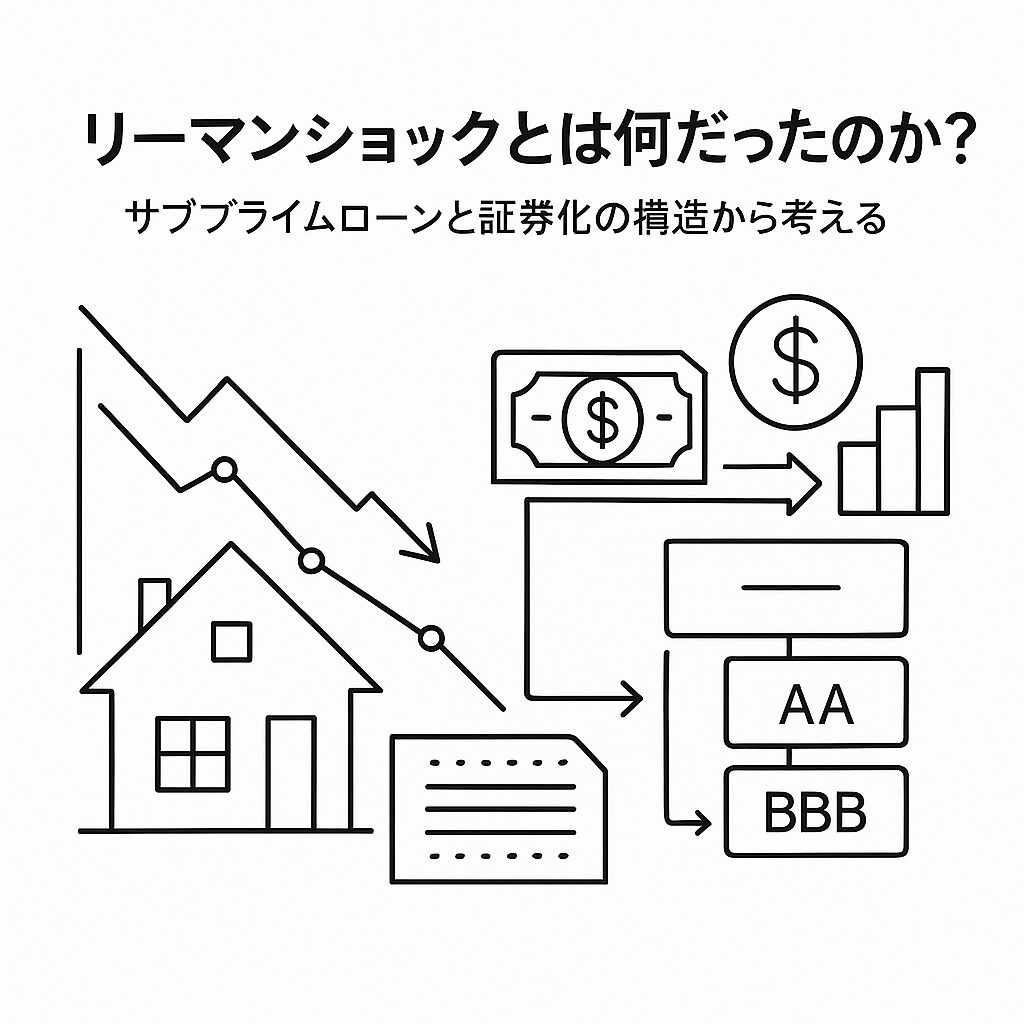 リーマンショックの構造を示す図。住宅ローン、証券化、トランシェ構造と価格下落の関係を黒線で表現したイラスト