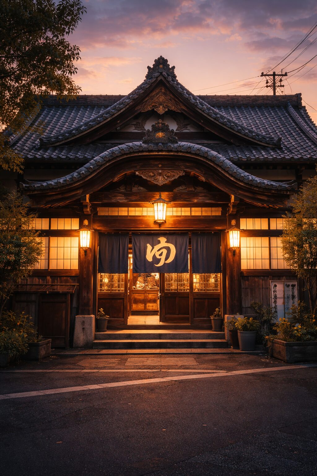 夕暮れ時、温かな灯りをともす宮造り銭湯の外観。入母屋屋根と木造の玄関が静かな存在感を放っている。