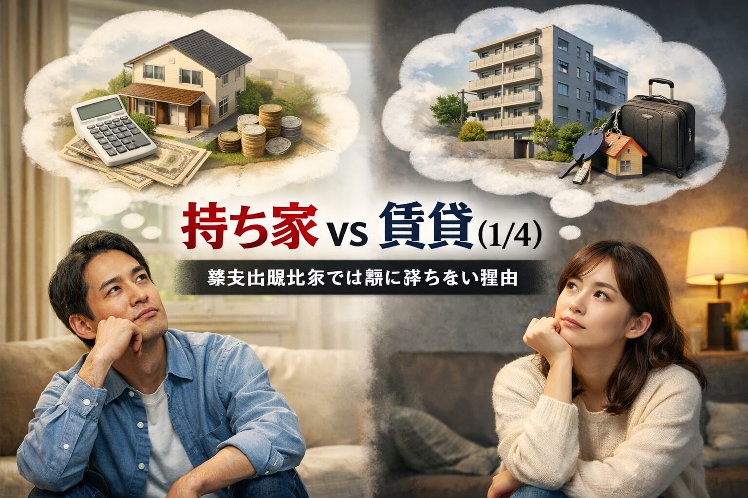 持ち家と賃貸の選択を前に、将来とお金について思索する男女のイメージ。家・資産・住まいの自由度を対比的に表現した写真風ビジュアル。