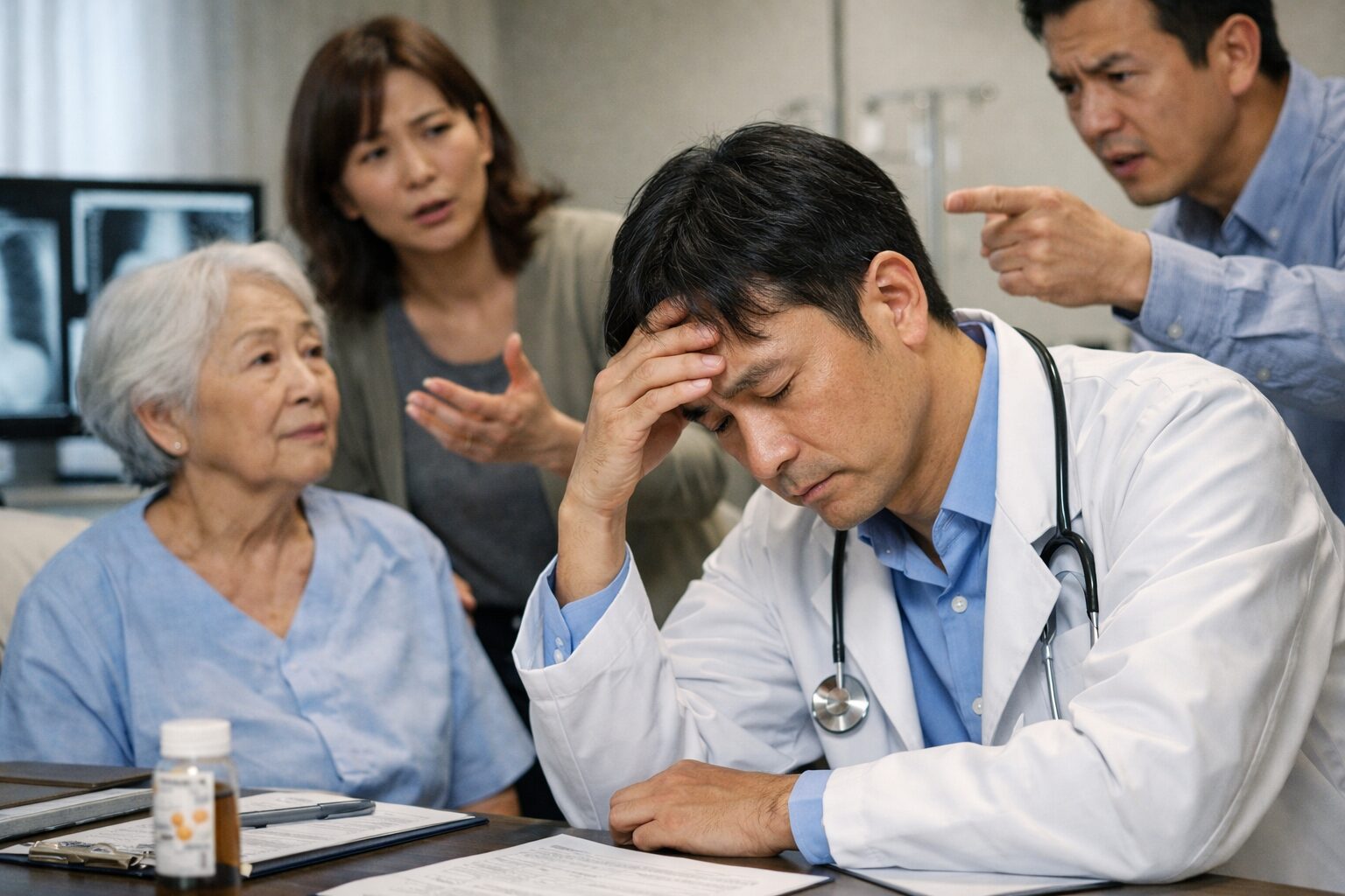 診療の場で社会的な齟齬を引き受け、疲労した表情を見せる臨床医と家族