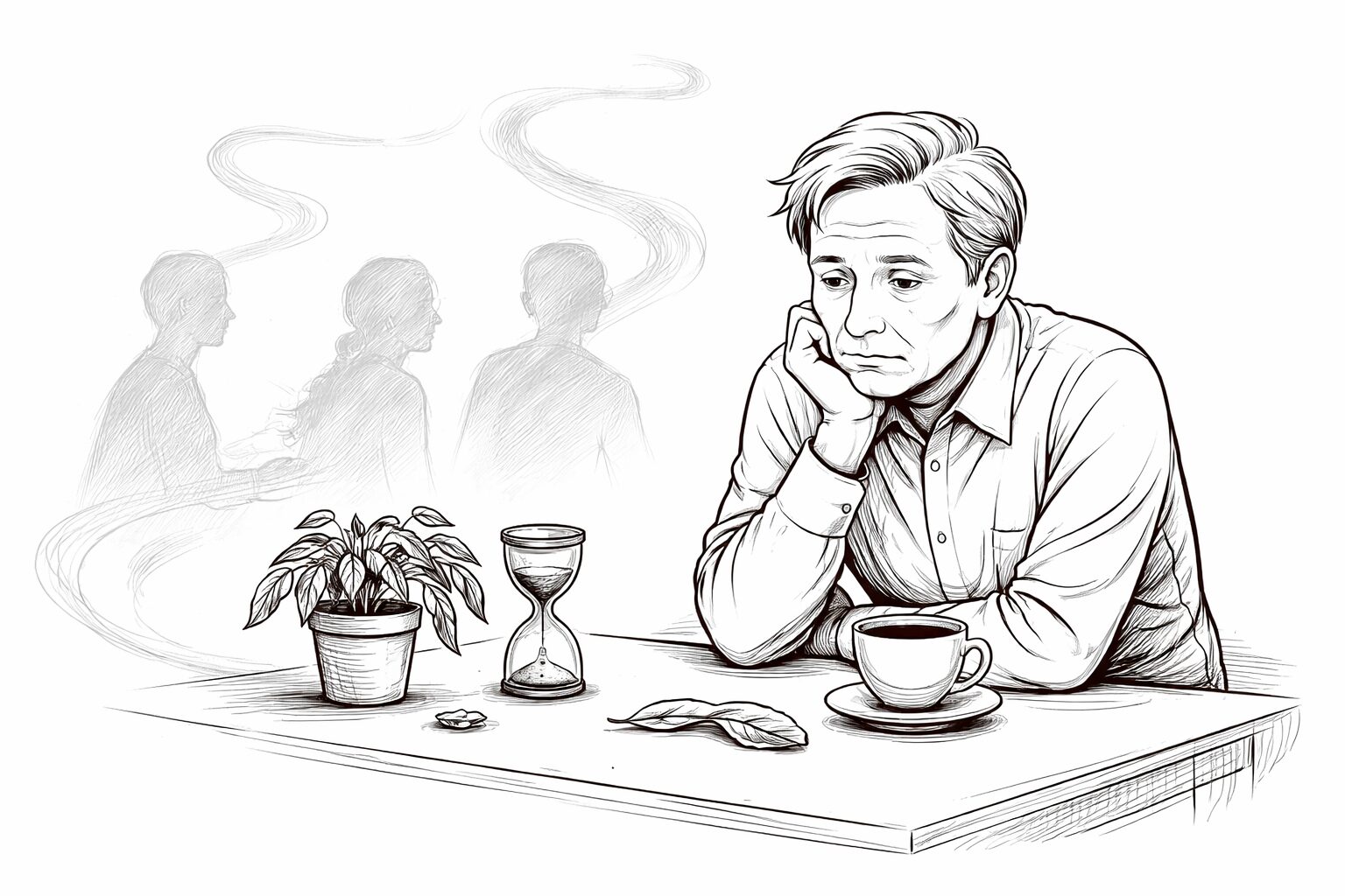 知った風に話した後、会話のぬくもりが失われた瞬間を振り返る中高年男性の線画イラスト