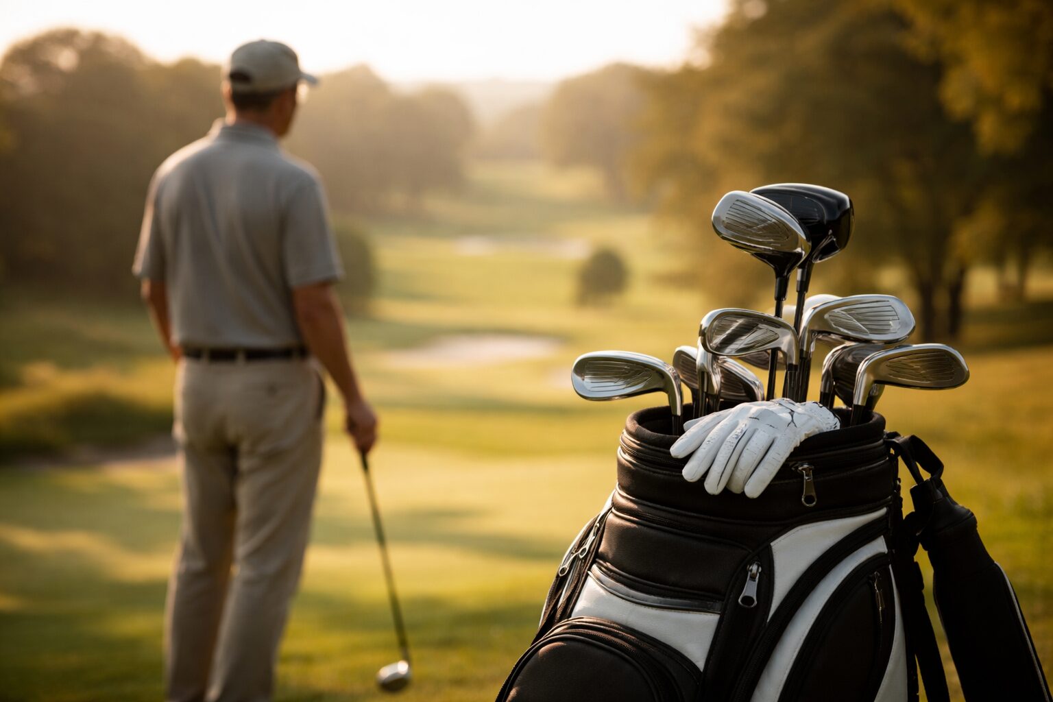 ゴルフバッグとクラブが手前に置かれ、夕方のゴルフコースを静かに眺める人物の後ろ姿
