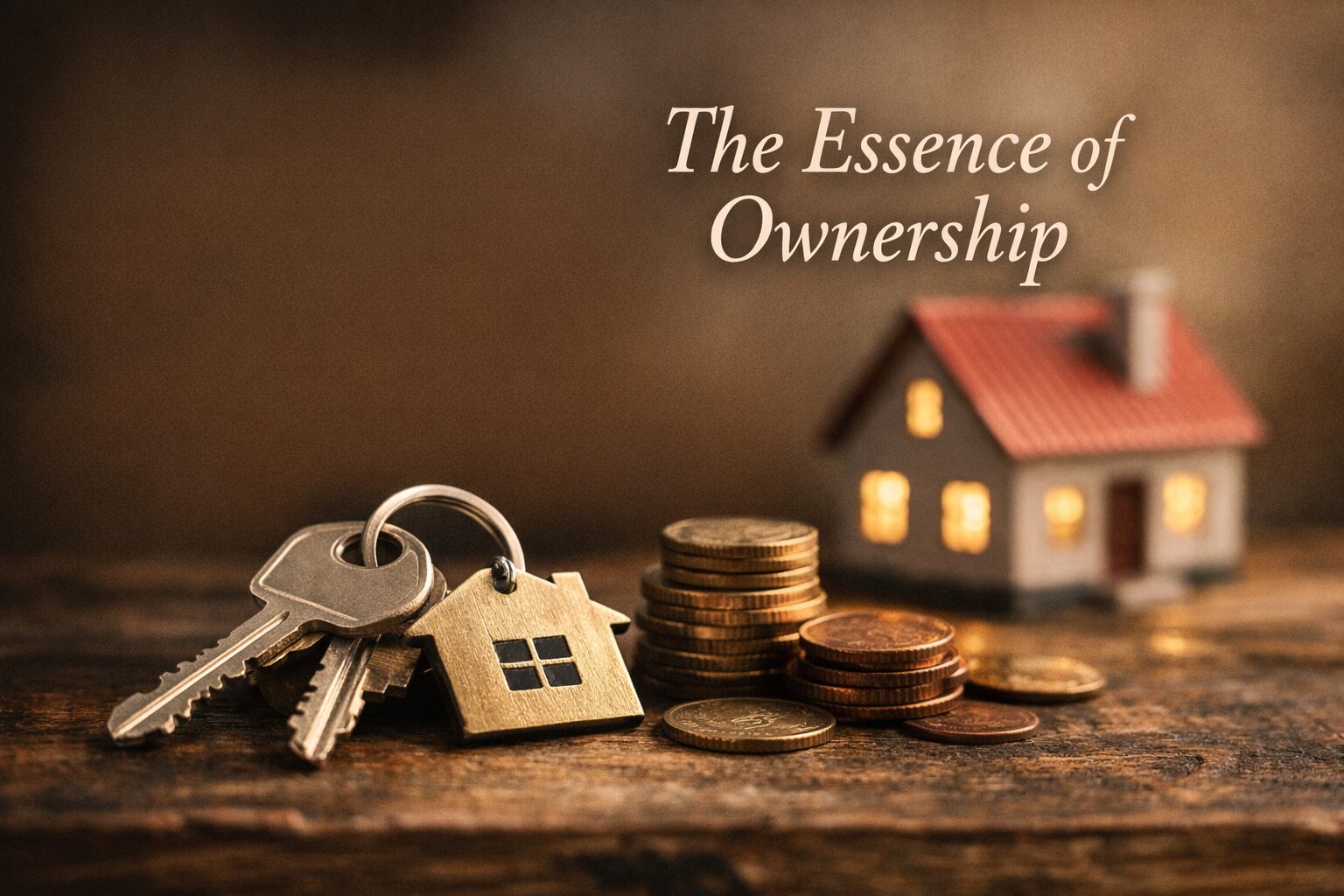 鍵と硬貨、住宅模型を配した「所有の本質」を象徴する写真風イメージ