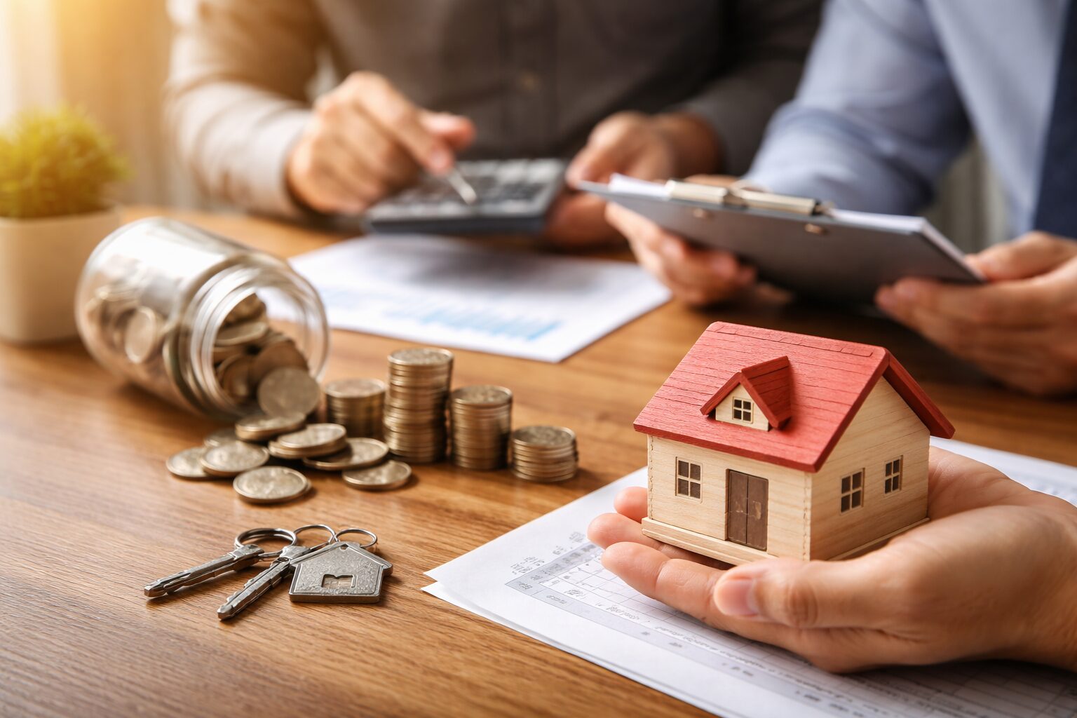 住宅ローンの契約内容を確認しながら、模型の家と硬貨を前に繰り上げ返済を検討する様子