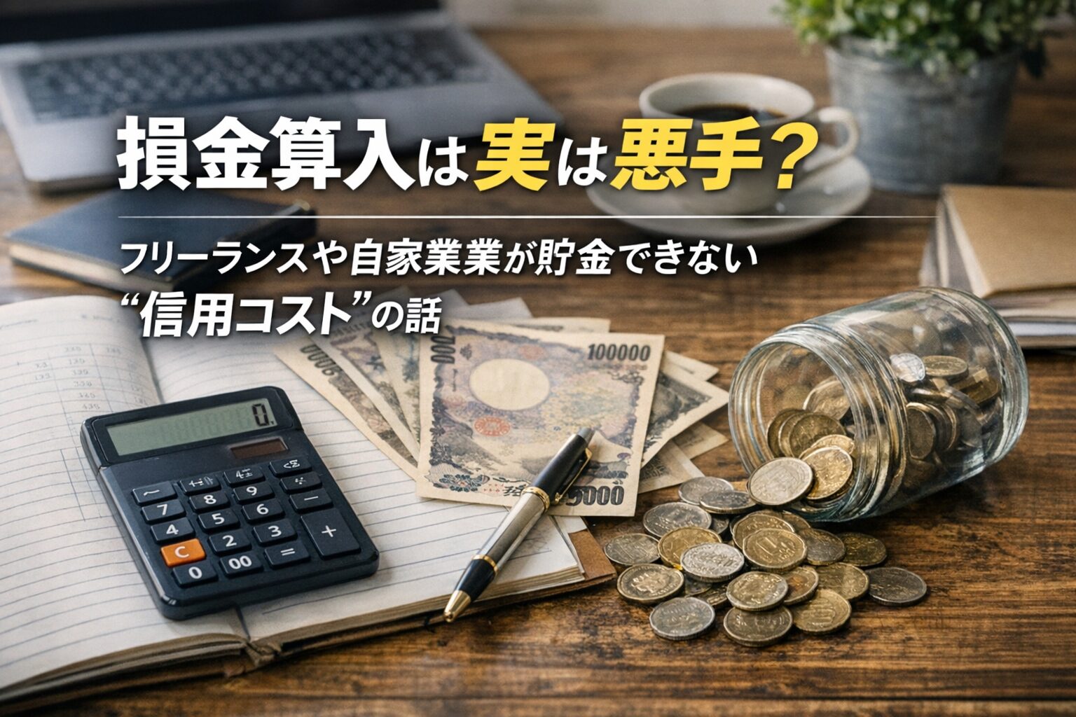損金算入による節税と可処分所得の関係を示す、電卓と日本円、帳簿が並んだ写真風アイキャッチ画像